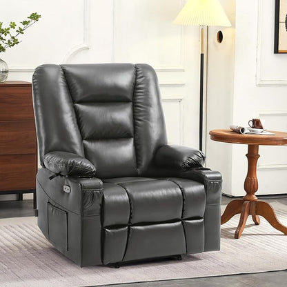 MCombo Oversized Power Lift Recliner Chair with Massage and Heat for Big and Tall Elderly People, Cup Holders, USB Ports, Side Pockets, Faux Leather R7541 (Dark Grey, Large-Oversize)