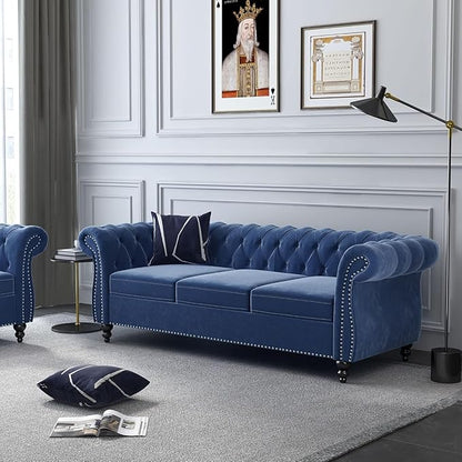 Chesterfield Loveseat Sofa, Modern Velvet Small Sofa Couch 2 Seater with Rolled Arms and Nailhead, Mid Century Modern Loveseat Couch for Small Spaces Living Room Bedroom Apartment, Blue