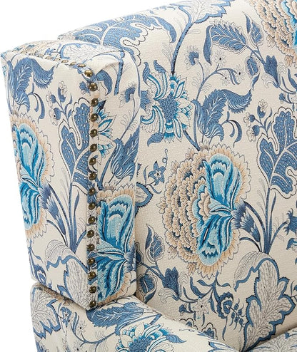 UIXE High Back Floral Accent Chair, Fabric Upholstered Armchair Wingback Arm Chair for Living Room, Nailhead Trim Single Sofa Bedroom Side Reading Seat with Retro Solid Wood Legs - Boho Blue