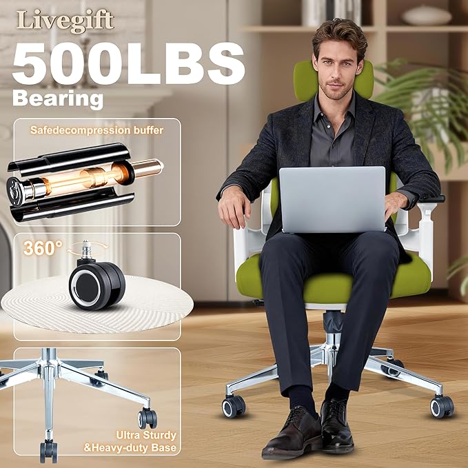 Ergonomic Office Chair Big and Tall Desk Chair, Dual-backrest Computer Chair with 3D Adjustable Arms and Lumbar Support, 500lbs Extra Wide Seat, for Home & Office Use,Green