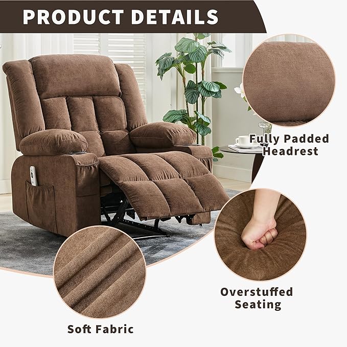 Power 360° Swivel Rocker Recliner with Heat and Massage Oversized Electric Rocking Chair for Big and Tall People with 2 Cup Holders Side Pockets Remote Control USB Charging Port, Brown
