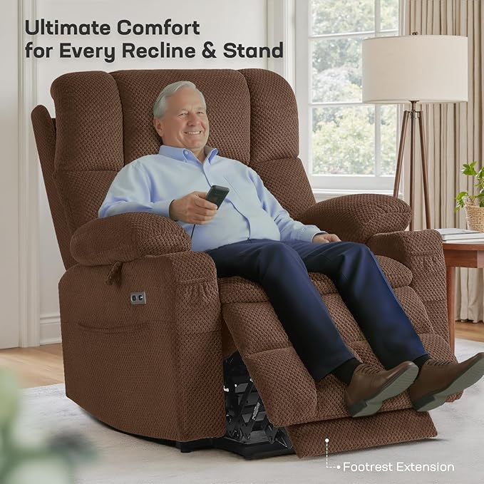 Tami Tami Dual Motor Power Lift Chair Recliner for Elderly with Massage and Heat, Infinite Position Electric Lift Recliner with Adjustable Headrest, USB (T6015 - Plush Fabric, Brown, Oversized)