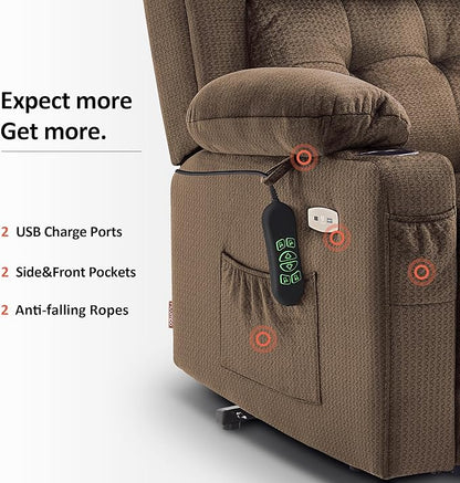 MCombo Small Triple Motor Power Lift Recliner Chair with Massage and Heat for Petite Elderly People, Adjustable Headrest, Infinite Position, USB Ports, Fabric 7664 (Brown, Small)