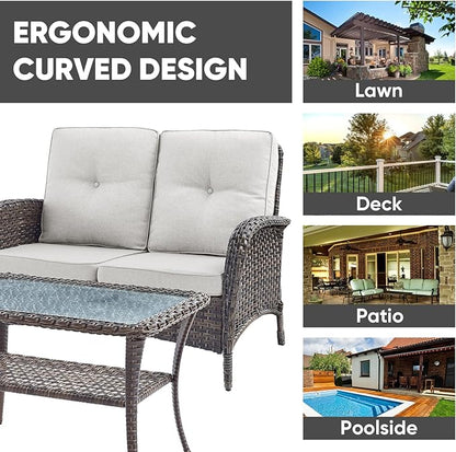 HUMMUH 4-Piece Patio Furniture Wicker Outdoor Conversation Set,All-Weather Rattan Outdoor Sofa Set Patio Chairs Coffee Table for Backyard,Porch,Deck