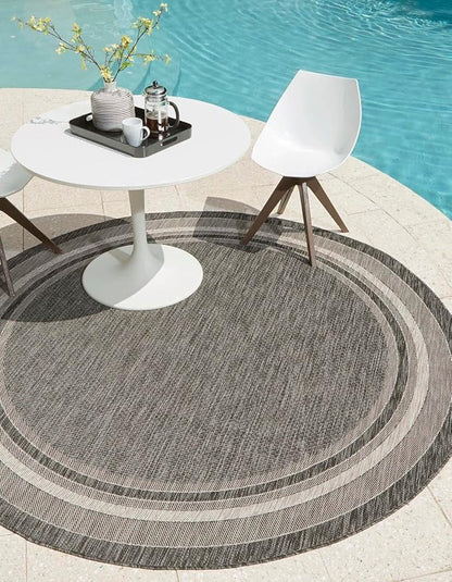 Unique Loom Outdoor Border Collection Area Rug - Soft Border (10' Round Black/Ivory)