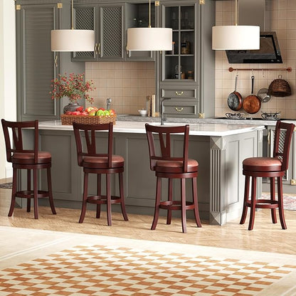 COSTWAY Barstools Set of 4, Faux Leather Upholstered Bar Stools with High Backs and Footrests, Armless Kitchen Island Dining Chairs with Solid Wood Legs, Cappuccino (4, 26'' Seat Height)