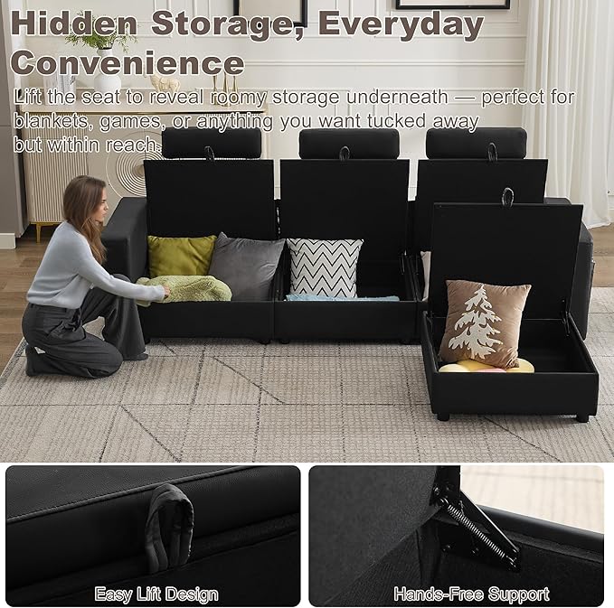 98.2" Modular Sectional Storage Couch, Oversized Faux Leather L Shaped Couch, Modern Cloud Upholstered Sofa with Headrest & Side Pocket, Sectional Sofa for Living Room Apartment Small Spaces, Black