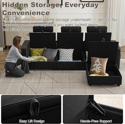 98.2" Modular Sectional Storage Couch, Oversized Faux Leather L Shaped Couch, Modern Cloud Upholstered Sofa with Headrest & Side Pocket, Sectional Sofa for Living Room Apartment Small Spaces, Black