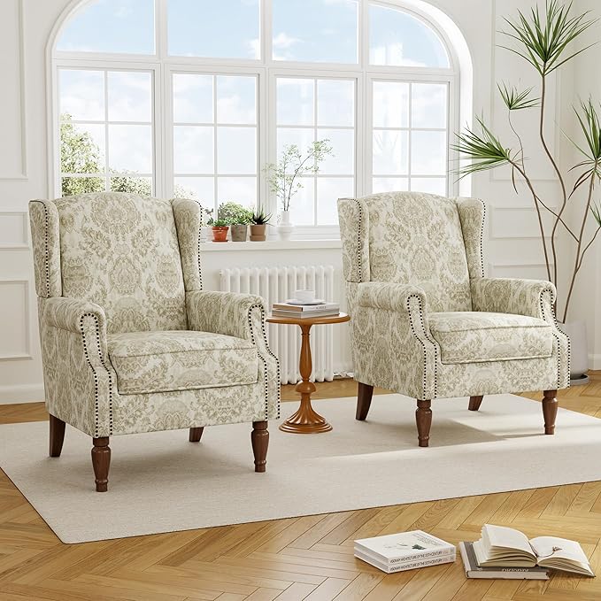 Accent Chair, Upholstered High Back Floral Armchair with Nailhead Trim & Wood Legs, Comfy Wingback Reading Single Sofa Chair for Small Spaces, Living Room, Bedroom ( Light Brown Floral, Set of 2)