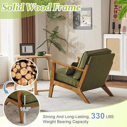 VINGLI Solid Wood Wide Armrests Accent Chair Set of 2,Upholstered Mid Century Modern Chair with Pillow,Farmhouse Arm Chair Comfy Reading Chair,Chairs Living Room,Bedroom,Guest Room,Linen Fabric,Green