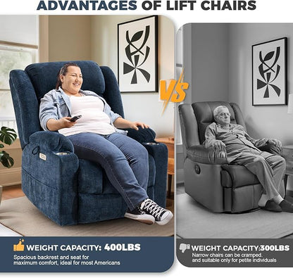 HUSFU Oversized Power Lift Recliner Chairs for Elderly with Massage and Heat, Wide Recliners Chair,Upgraded Chenille Lift Chairs w/Cup Holders, USB & Type-C Ports,Blue,2PCS