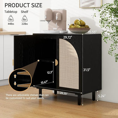 Black Sideboard Cabinet with 2 Rattan Doors, Rattan Buffet Cabinet with Adjustable Shelves & Pine Legs, Boho Sideboard Buffet for Living Room, Kitchen, Entryway (Black,1 PCS)