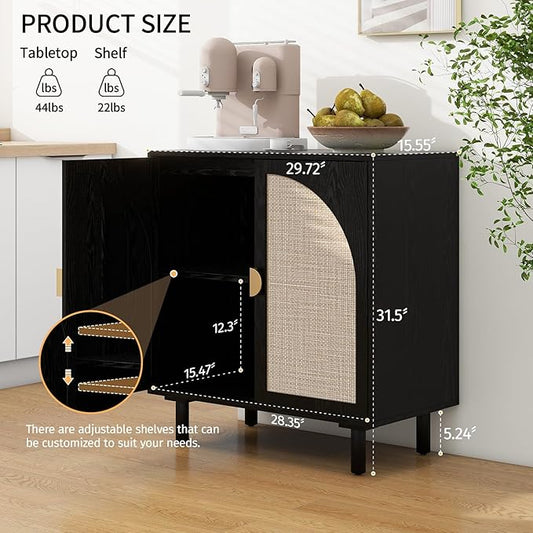 Black Rattan Cabinet-2-Doors,Sideboard Buffet Cabinet with Storage-Accent Storage Cabinet with Cane Door, Boho Wood Credenza for Dining Room, Bathroom, Study, Kitchen