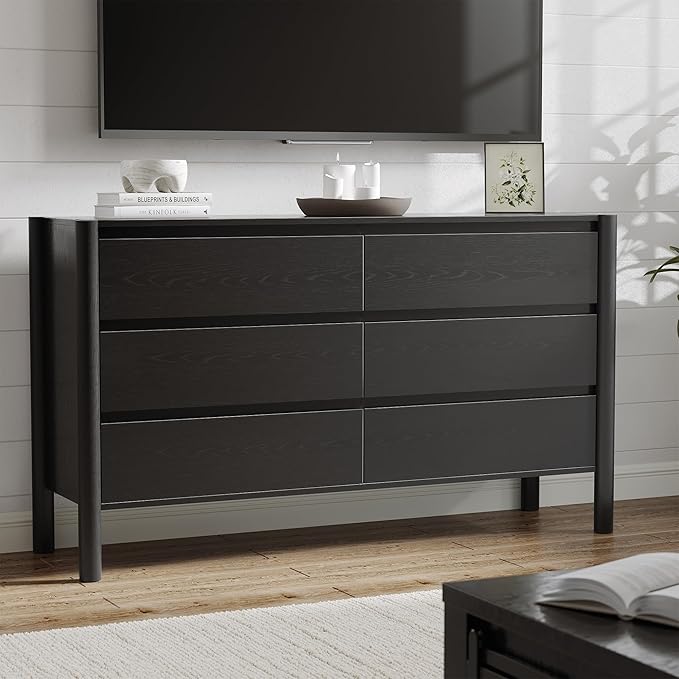 CHUWELL Dresser for Bedroom, 47" Wide Mid Century Chest of Drawers with 7 Large Storage Space and 4 Solid Wood Cylindrical Legs, 7 Drawer Large Dresser for Bedroom(Black)