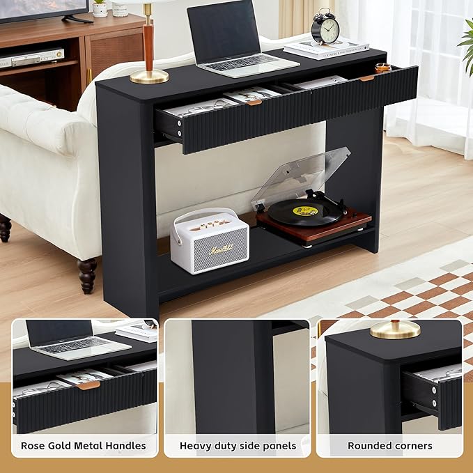 Entryway Table with Storage, Narrow Console Table with Drawers, 43.3' Couch Table Behind Sofa Long and Skinny for Living Room TV, Hallway Entrance Foyer, Mid Century Modern Black Fluted Console Table