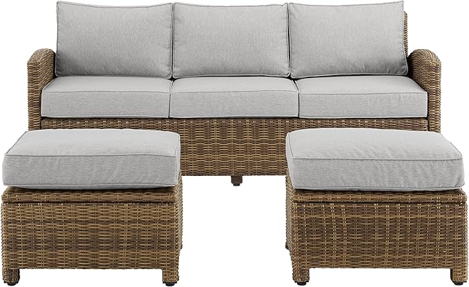 Crosley Furniture Bradenton 3-Piece Outdoor Sofa Patio Furniture Set, Wicker Conversation Sets for Porch, Brown with Gray Cushions