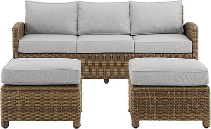 Crosley Furniture Bradenton 3-Piece Outdoor Sofa Patio Furniture Set, Wicker Conversation Sets for Porch, Brown with Gray Cushions