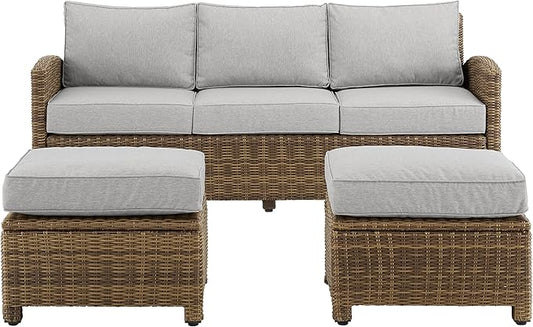 Crosley Furniture Bradenton 3-Piece Outdoor Sofa Patio Furniture Set, Wicker Conversation Sets for Porch, Brown with Gray Cushions