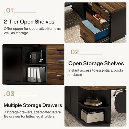 Tribesigns 81-Inch L-Shaped Office Desk, Large Commercial Office Desk with Drawers and File Cabinet, Modern Professional Business Furniture Workstations with Storage Shelves, Brown & Black