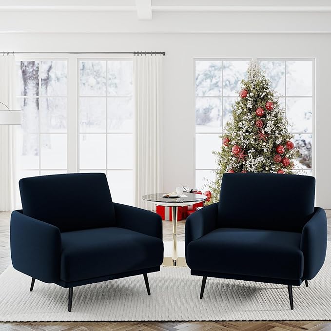 Mid-Century Accent Chair,Modern Oversized Armchair for Living Room,Comfy Upholstered Reading Accent Chairs for Bedroom,Single Sofa Chair (Navyblue-1PACK)