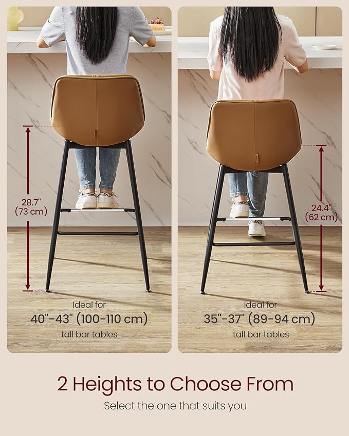 VASAGLE Bar Stools Set of 2, Bar Height Bar Stools with Back, Ergonomic Backrest, Synthetic Leather, Metal Legs, 28.7-Inch Tall Barstools for Kitchen Island Home Bar, Easy Assembly, Caramel Brown