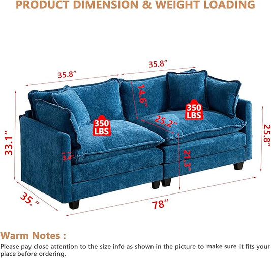 Aoowow Modular Sectional 2 Seater Cloud Sofa Couch for Living Room,78" Loveseat Couch with Deep Seat,Modern Chenille 2 Seat Sofas,Fluffy Small Couches for Bedroom,Small Spaces (Blue, 2 Seater)