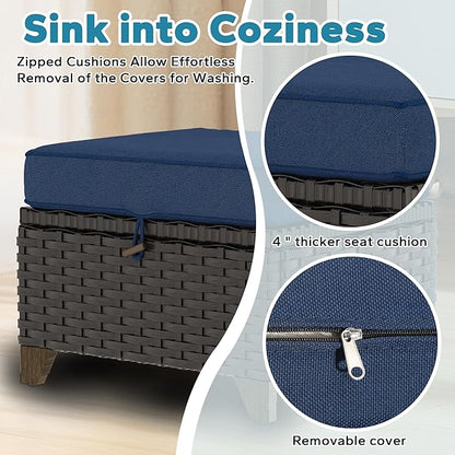 2 Pieces Patio Outdoor Ottomans with Removable and Washable Covers，PE Rattan Wicker Footstools for Porch, Garden, Sunroom (Navy Blue)