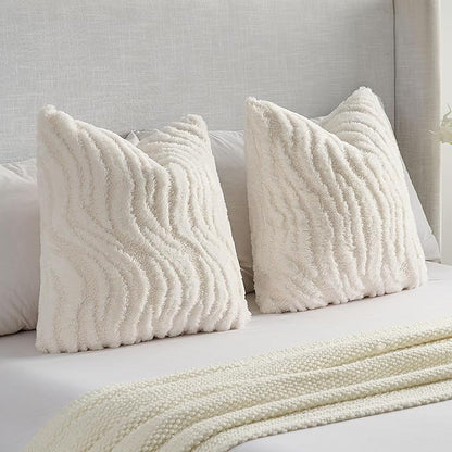 FUTEI White Decorative Throw Pillow Covers 16x16 Inch Set of 2,Soft Faux Fur Geometric Shapes Texture Cushion Case,Boho Home Decor for Couch Bed Living Room