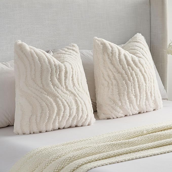 FUTEI White Decorative Throw Pillow Covers 18x18 Inch Set of 2,Soft Faux Fur Geometric Shapes Texture Cushion Case,Boho Home Decor for Couch Bed Living Room