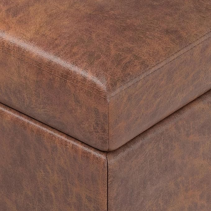 SIMPLIHOME Oregon 42 inch Wide Transitional Rectangle Storage Ottoman Bench with Tray in Distressed Saddle Brown Vegan Faux Leather, Assembled, For the Living Room, Entryway and Family Room