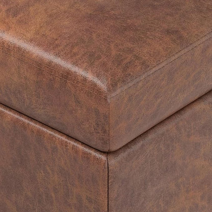 SIMPLIHOME Oregon 42 inch Wide Transitional Rectangle Storage Ottoman Bench with Tray in Distressed Saddle Brown Vegan Faux Leather, Assembled, For the Living Room, Entryway and Family Room