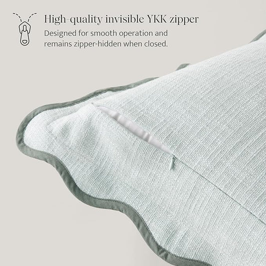Double Stitch Scalloped Throw Pillow Covers - 100% Cotton Decorative Boho Pillow Covers 18 x 18, Made in India, Square Cushion Case, Grandmillennial Decor for Couch Sofa Living Room, Aqua Mint