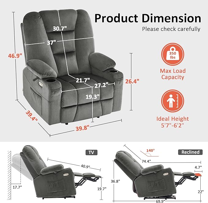 MCombo Oversized Power Lift Recliner Chair with Massage and Heat for Big and Tall Elderly People, Cup Holders, USB Ports, Side Pockets, Fabric R7541 (Grey, Large-Oversize)
