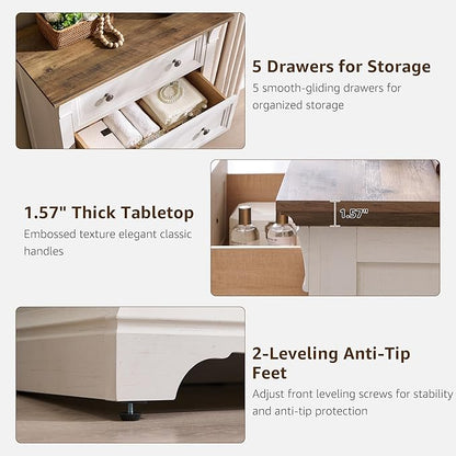 T4TREAM Farmhouse 5 Drawer Dresser for Bedroom, 47" Tall Wood Dresser with Ample Storage Space and Rustic Charm, Antique White