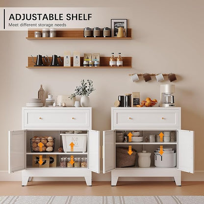 Metal Sideboard Cabinet, Buffet Storage Cabinet, Coffee Bar with Big Drawer and Adjustable Shelf for Kitchen, Dining Room, Living Room (White, 35.4" H-Sideboard)