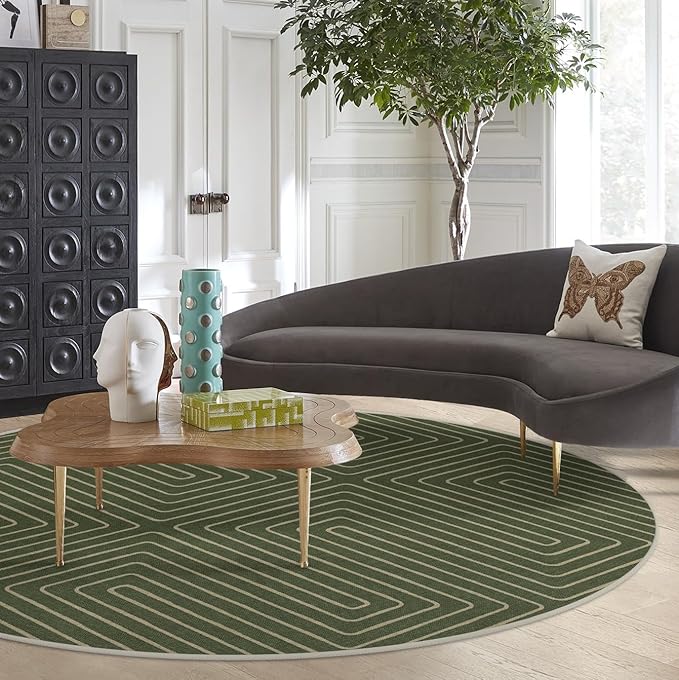 RUGGABLE x Jonathan Adler Machine Washable Area Rug – Labyrinth Fern Green 8 ft Round, Stain-Resistant, Non-Slip – Large Rugs for Living Room, Bedroom, Hallway, Entryway & Office–with Cushioned Pad