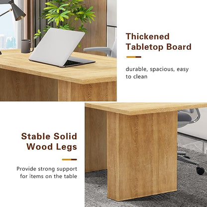 LEVNARY 78 Inch Long Executive Desk, Large Office Desk with Wood Strip Base, Modern Farmhouse Computer Desk Business Furniture for Home Office (Natural Oak)