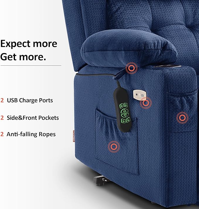 MCombo Medium Triple Motor Power Lift Recliner Chair with Massage and Heat for Elderly People, Adjustable Headrest, Infinite Position, USB Ports, Fabric 7661 (Navy Blue, Medium)