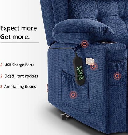 MCombo Medium Triple Motor Power Lift Recliner Chair with Massage and Heat for Elderly People, Adjustable Headrest, Infinite Position, USB Ports, Fabric 7661 (Navy Blue, Medium)