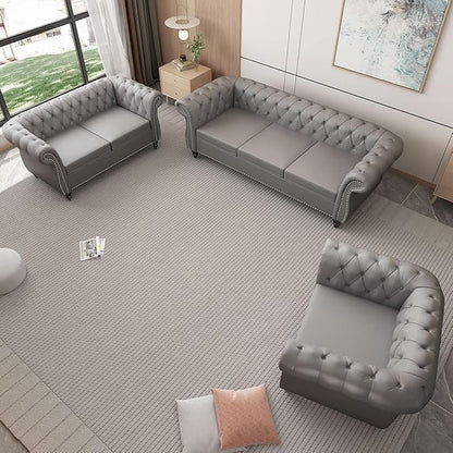 Chesterfield Loveseat Sofa, Modern Leather Small Sofa Couch 2 Seater with Rolled Arms and Nailhead, Mid Century Modern Loveseat Couch for Small Spaces Living Room Bedroom Apartment, Grey