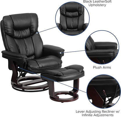 Flash Furniture Allie LeatherSoft Upholstered Recliner with Footrest, Arms, and Headrest, Padded Swivel Recliner Chair and Ottoman Set, Black