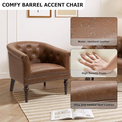 Lumibee Faux Leather Barrel Chairs, Upholstered Accent Chairs Set of 2 for Living Room, Modern Comfy Club Armchairs for Office, Bedroom, Waiting Room-Brown