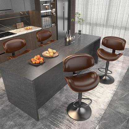 Bar Stools Set of 2, Bar Stools for Kitchen Island with Bentwood Back and Leather Seat, Swivel Barstools for Kitchen Counter, Bar, Brown