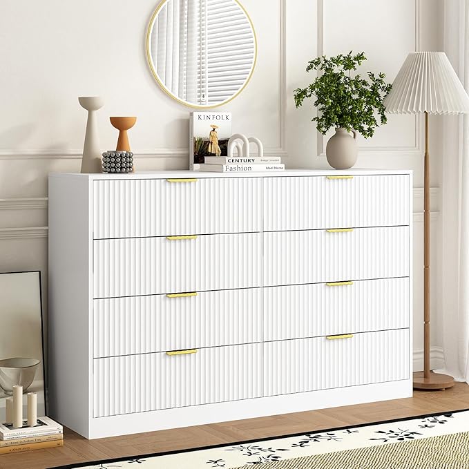 3-Piece Modern Bedroom Furniture Set, Wide 8-Drawer Dresser & 1-Drawer Nightstands Set of 2, Natural Wood Dresser and Nightstand Sets for Bedroom, Hallway, White