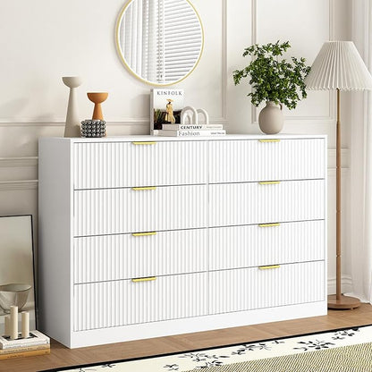 3-Piece Modern Bedroom Furniture Set, Wide 8-Drawer Dresser & 1-Drawer Nightstands Set of 2, Natural Wood Dresser and Nightstand Sets for Bedroom, Hallway, White