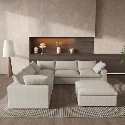 Cloud Couch Modular Sectional Sofa with Storage Ottomans,160.6" Down Filled 6 Seater Convertible Sectional Sofas,V Shaped Khaki Couch for Living Room,Covers Washable&Replaceable