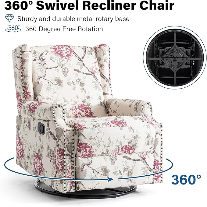 Lumibee Recliner Chairs Set of 2, 360° Swivel Rocker Recliner Chair with Footrest High Back, Comfy Upholstered Glider Rocking Chair for Living Room Bedroom (Plants Floral)