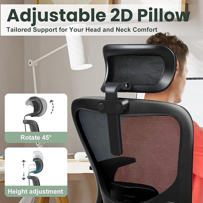 Ergonomic Office Chair - 350LB Mesh Office Chair with Adjustable Lumbar, High Back Computer Desk Chair with 3D Armrests, Comfy Chair with 2D Headrest & Tilt Function for Study, Work, Gaming