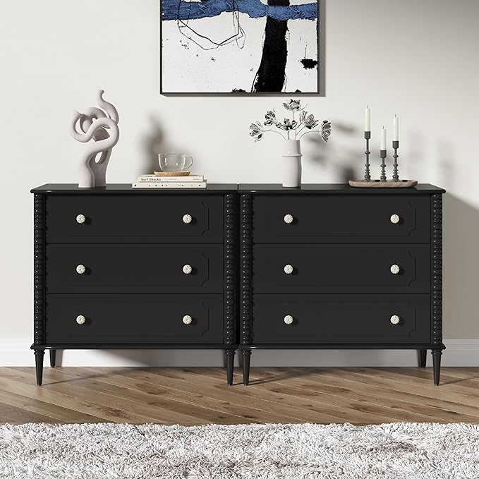 3 Drawer Dresser, 32 inch Wide Dresser for Bedroom, Modern Wood Chest of Drawers, Turned Legs Nightstand with 3 Drawers for Dorms, Hallway, Entryway (Black)