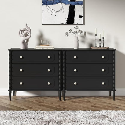 3 Drawer Dresser, 32 inch Wide Dresser for Bedroom, Modern Wood Chest of Drawers, Turned Legs Nightstand with 3 Drawers for Dorms, Hallway, Entryway (Black)